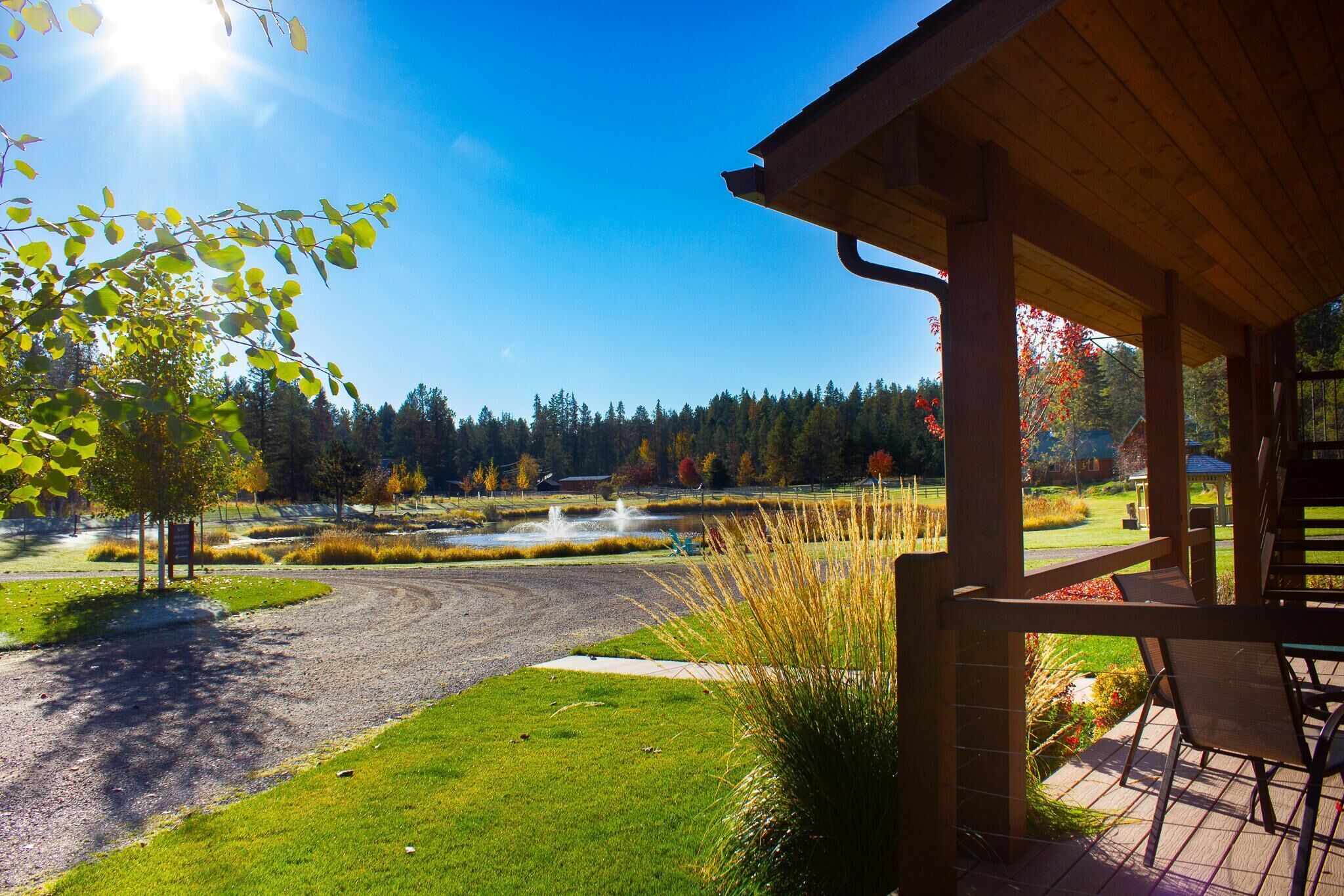 A covered outdoor area with a view of a pond and trees.