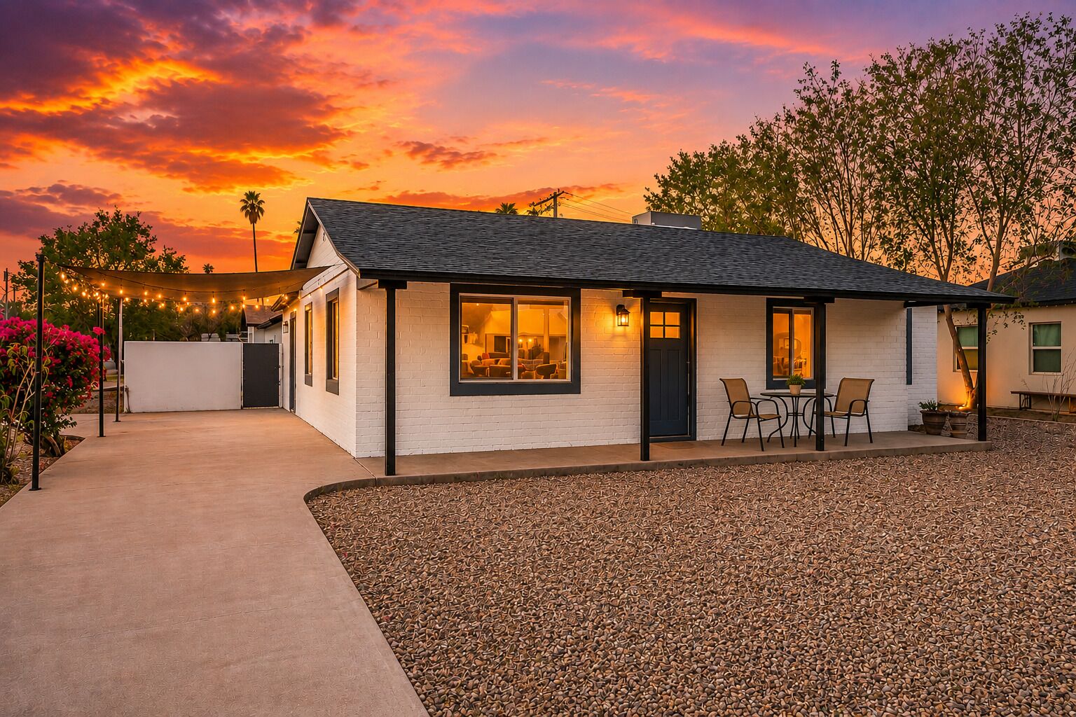 A single-story house with a patio area, a small outdoor seating space, and a gravel driveway.