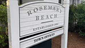 A sign for Rosemary Beach with the text 'ESTABLISHED 1995' and 'TOWN OFFICES' visible. - ~Villa Blanca~ Rooftop! Best Location on 30A~Alys~Seacrest~Rosemary Beach (Panama City)