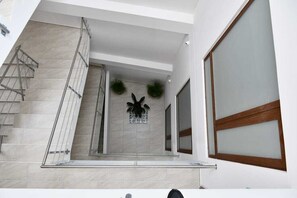 Un interior moderno con una escalera, una planta en la pared y un ventanal grande.