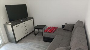 A modern living room with a grey sofa, a small black table, a TV on a cabinet, and a red plaid throw blanket. - Comfort Apartments Orma (Povljana)