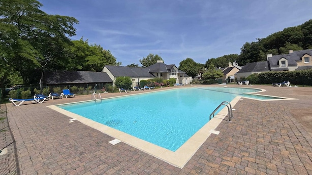 Une piscine rectangulaire à l’eau d’un bleu limpide, entourée d’une allée dallée.