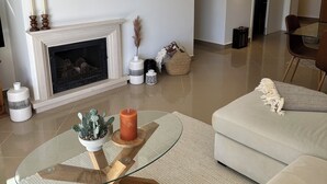 Een woonkamer met een open haard, een glazen salontafel, een bank en een airconditioning.