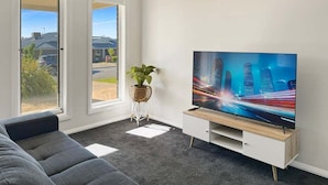 Ett modernt vardagsrum med en stor platt-TV, en grå soffa och en krukväxt.