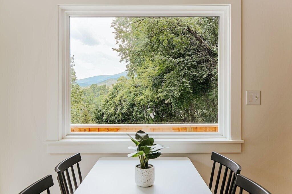 A dining area with a table and chairs, a window with a view of a forested landscape, and a potted plant on the table.