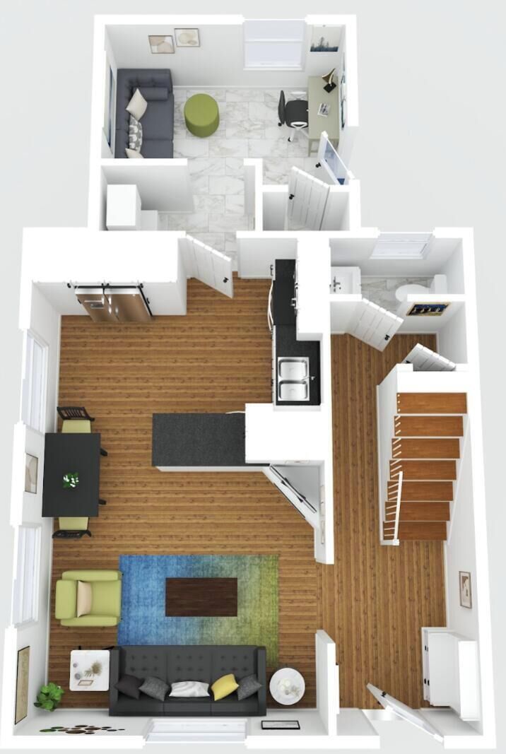 A 2D floor plan of a modern apartment with a living room, kitchen, dining area, and a staircase.
