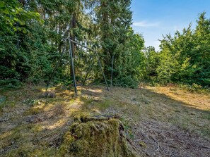 Metsäinen alue, jossa on sammaleen peittämä puuntyvi ja metallirakenne.