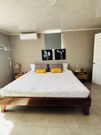A bedroom with a bed, two wall-mounted paintings, a bedside table with a lamp, and a door.. Einoah Apartment Private, Safe and Close to Everything