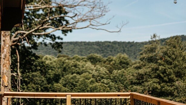 A string of lights hanging outdoors, with a wooden structure and a view of a forested landscape in the background. - Hillside Haven (Faber)