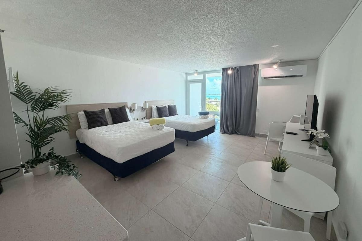 Habitación de hotel con dos camas, una mesita, televisión y planta en maceta.
