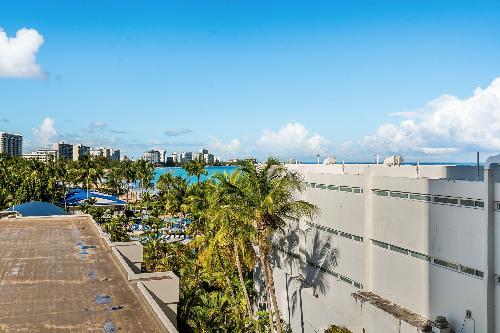 A rooftop view of a hotel with a pool, palm trees, and a city skyline in the background.
