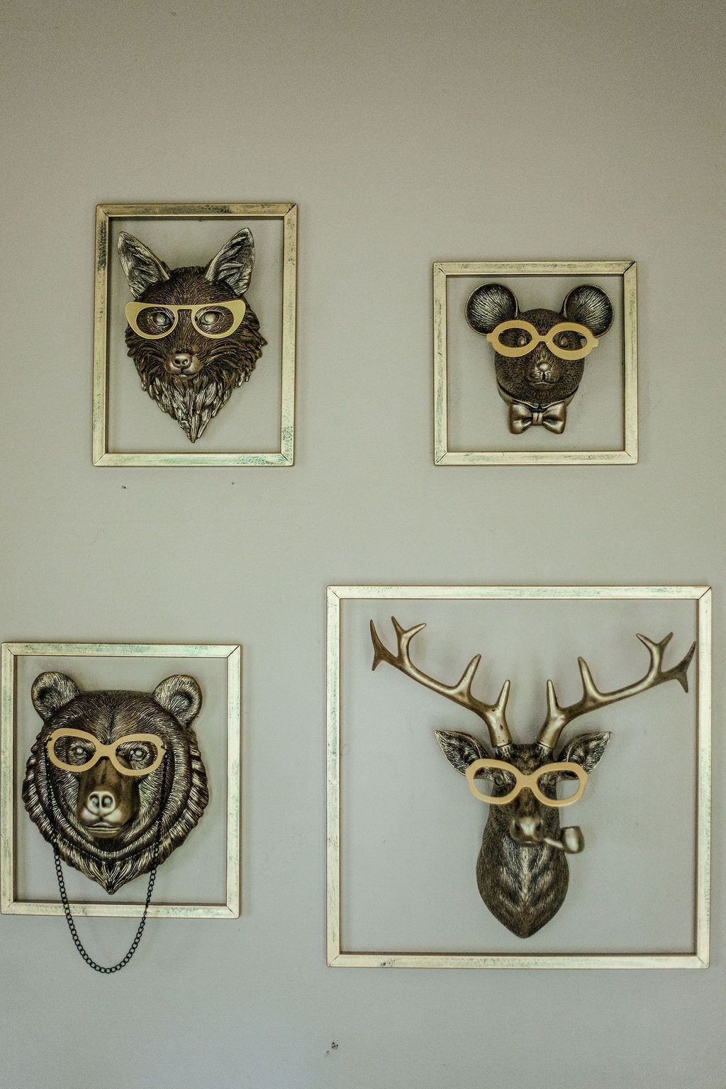 Cuatro decoraciones de cabezas de animales enmarcadas en una pared.