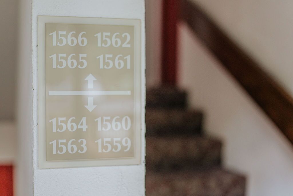 Een bord aan de muur met kamer nummers en pijlen die de loop van een trap aangeven.