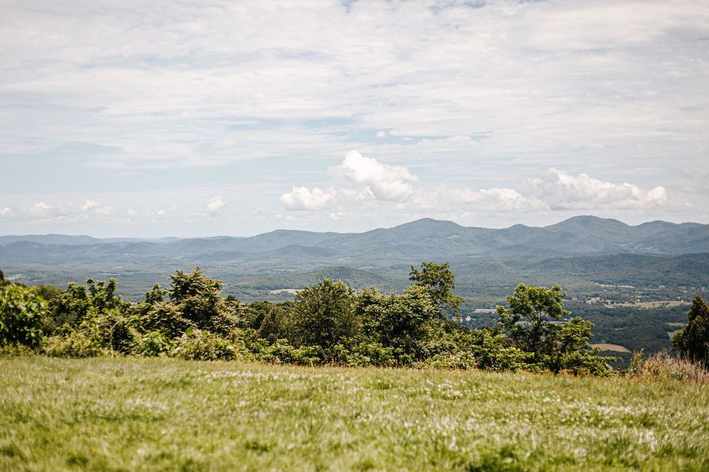 A grassy field with trees and distant mountains under a partly cloudy sky.