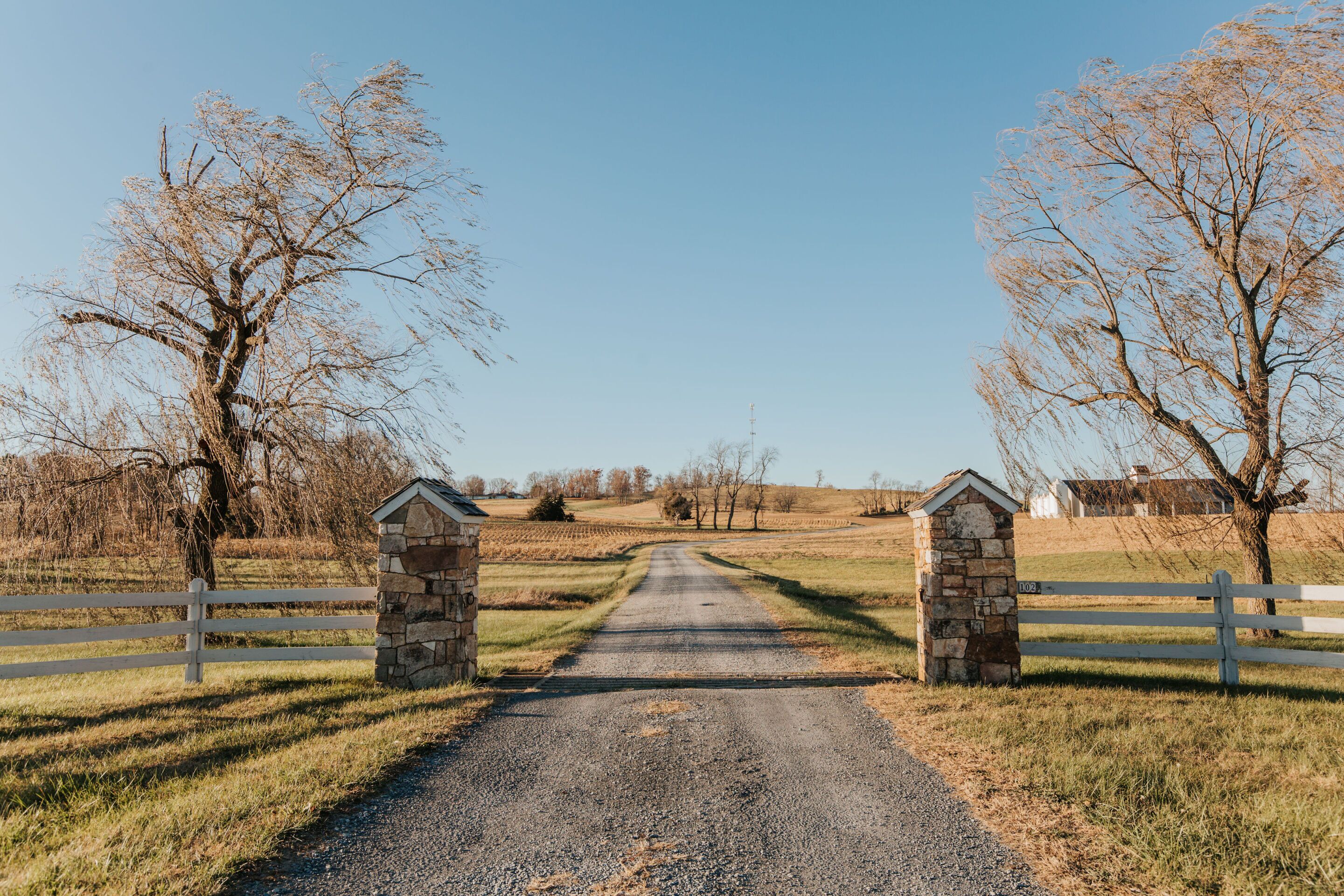A gravel road leading to a stone gate with a white fence on either side.
