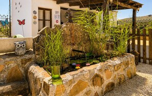 Een stenen plantenbak met water en planten, een houten omheining, en een gebouw met een deur en ramen.