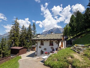 A chalet with a sloped roof, a stone chimney, and a small porch with potted plants. - Chalet Ralon by Interhome (Bormio)