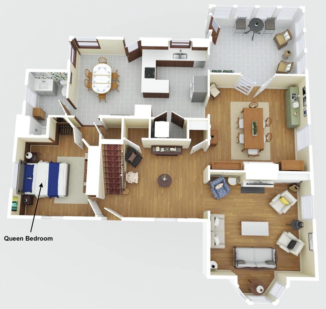 A 2-bedroom apartment layout with a kitchen, dining area, and a living room.