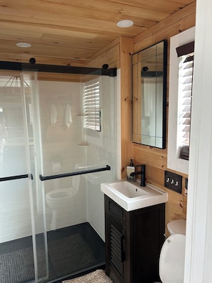 Une salle de bain moderne avec une douche à parois de verre, un lavabo blanc et un meuble-lavabo en bois.
