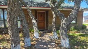 Un edificio in legno con una porta centrale, circondato da alberi dai tronchi dipinti.
