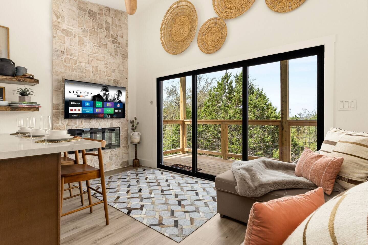 TV, fireplace, books