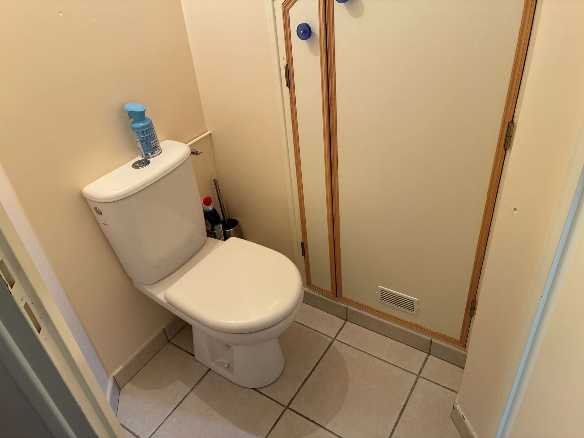A small, compact bathroom with a toilet, a shower stall, and a toilet paper holder.
