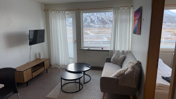A modern living room with a sofa, a TV, a small table, and a window with curtains. - Kosy 1-bedroom apartment in enjoyable Hólar for your stay (Hólar)