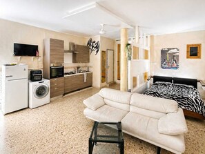 Un apartamento moderno con kitchenette, sofá, cama y televisor.