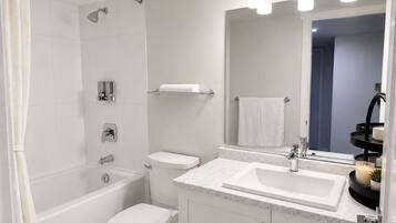 Hair dryer, towels, soap, toilet paper