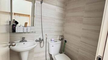 Shower, jetted tub, hair dryer, bidet