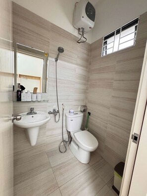 Une salle de bain avec un lavabo, des toilettes et une douche.