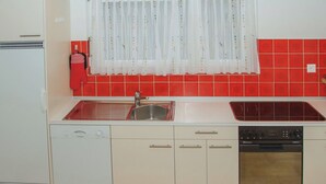 Una cocina compacta con lavamanos, horno y lavavajillas.