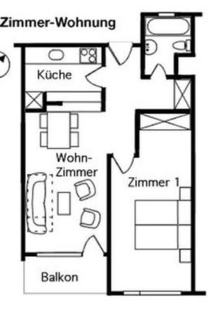Ein Grundriss mit Küche, Wohnzimmer, Balkon und Badezimmer.