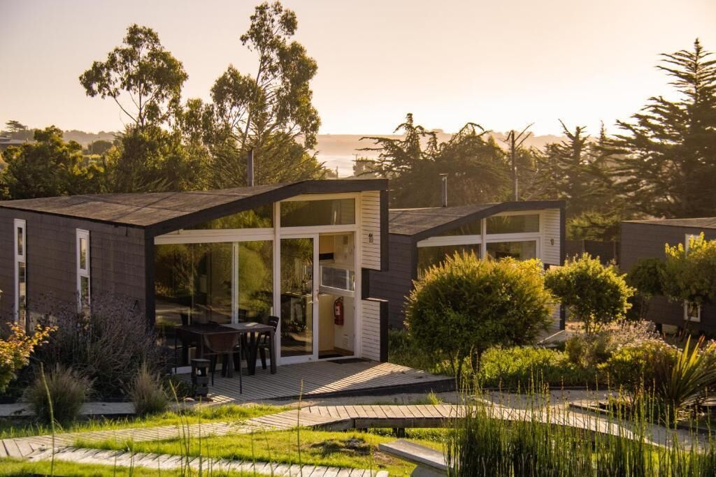 A modern house with a glass door entrance, a deck, and a garden with various plants.