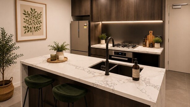 Una cocina moderna con una isla de mármol, armarios de madera oscura y un refrigerador de acero inoxidable.