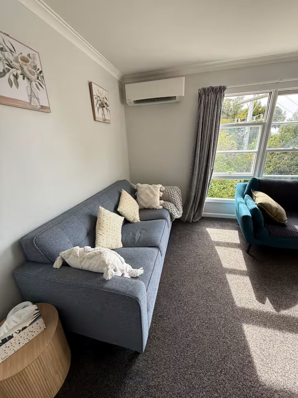 A living room with a grey sofa, a blue sofa, and a window with curtains.