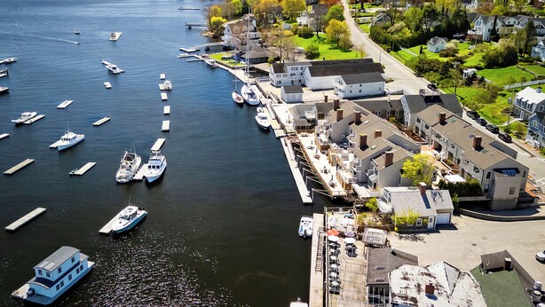 A marina with boats docked, a waterfront property with houses, and a forested hill in the background.
