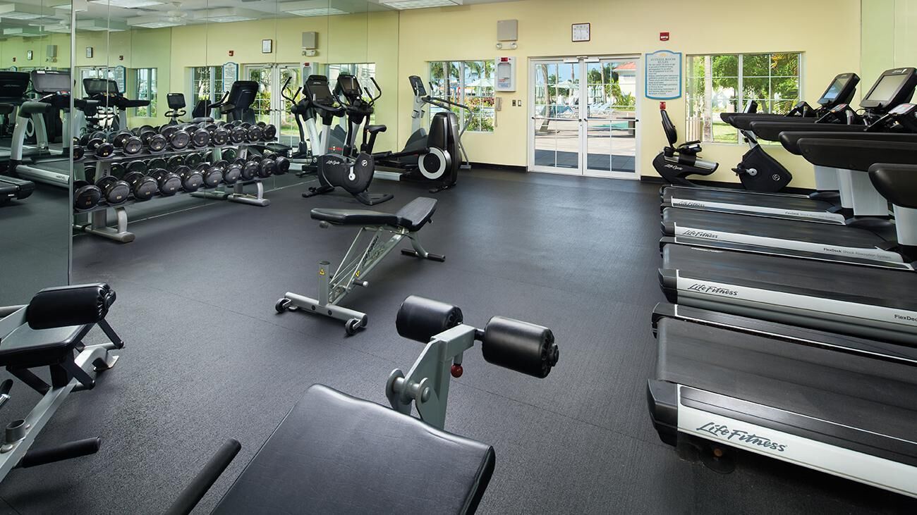 A gym with treadmills, elliptical machines, and free weights.