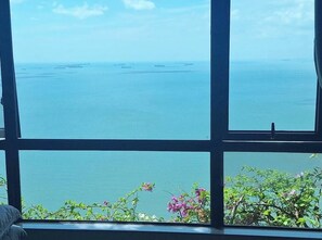 Blick durch ein Fenster auf einen klaren Himmel und ruhige See, mit etwas Grün im Vordergrund.