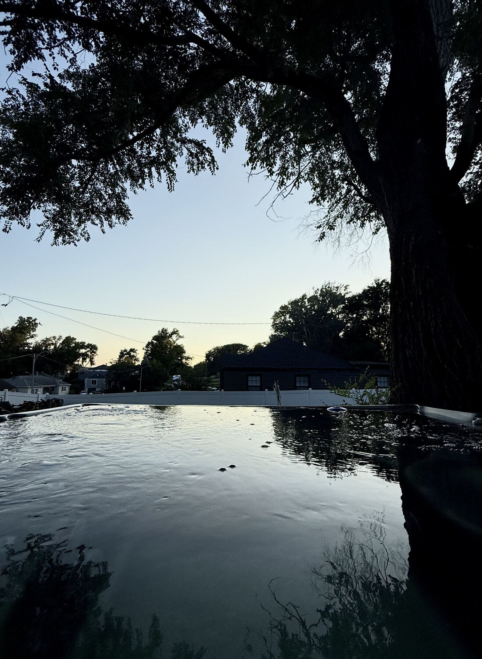 A calm body of water reflecting trees and a building.