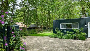 A modern building with a gravel driveway, surrounded by lush greenery and flowering plants.