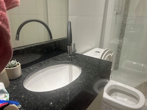 Casa de banho com lavatório, espelho e chuveiro.