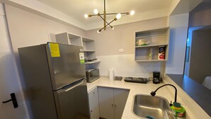 Cocina compacta con refrigerador, microondas, estufa, pileta e iluminación en el techo.