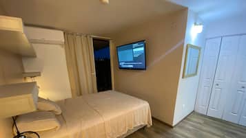 Un dormitorio con cama, televisor montado en la pared, armario y puerta.