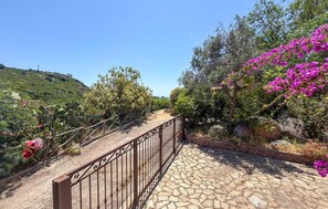A stone pathway leading through a garden with cacti and bougainvillea. - Nice home in Costa Rei with WiFi (Costa Rei)