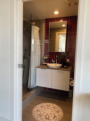 Secadora de cabello, bidet, toallas, jabón 