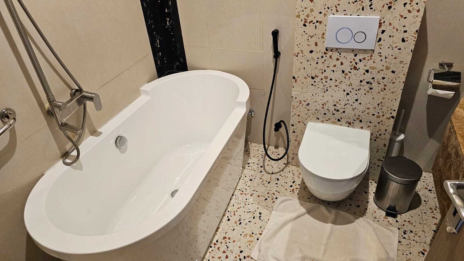 A bathroom with a freestanding bathtub, a toilet, and a bidet.