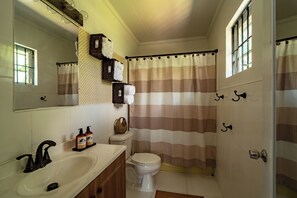 Ein Badezimmer mit weißem Waschbecken, WC und Duschvorhang.