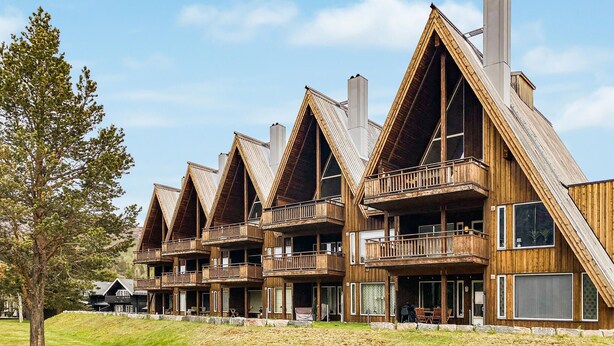 A row of wooden cabins with multiple balconies, large windows, and a grassy landscape.