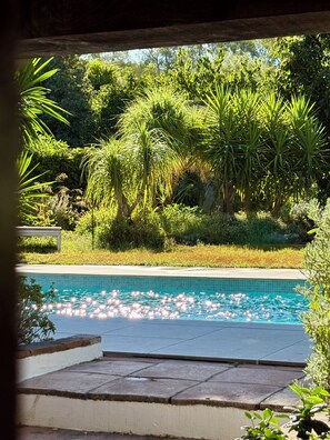 A pool surrounded by lush greenery, a stone bench, and a tiled deck. - Rural Luxury finca Búho biosphere natural reserve swimming pool panoramic views (Jimena de la Frontera)